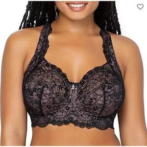 Curvy Couture Luxe Lace Bra 1320 40H/42G Black Beige Wireless Mesh Lingerie